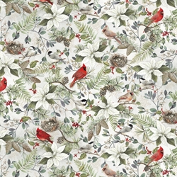 Winter Song patchworkstof 110 cm bred Røde fugle